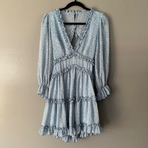 Saints + Secrets Low V-Neck Open Back Tiered Chiffon Mini Dress | Blue + White